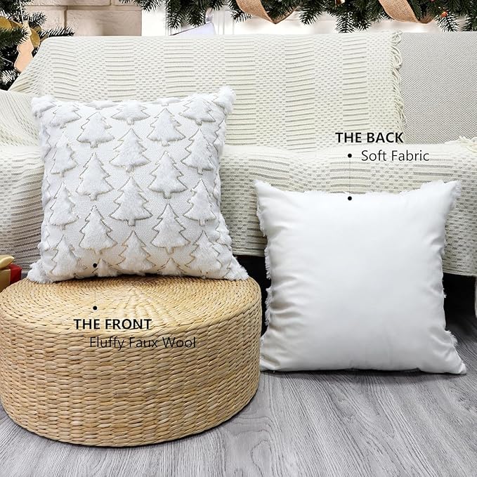 Christmas Throw Pillow Covers Christmas Decorations Set of 2 Xmas Tree 18x18 Pillow Covers Soft Plush Faux Wool Pillow Cases Holiday Winter Decor Sofa Couch Bed
