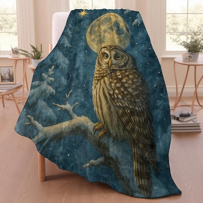 Owl and Full Moon Throw Blanket for Adutls Kids, 40x50 in, Cozy Soft Warm Fleece Blankets Gifts for Couch, Camping, Hiking Decor