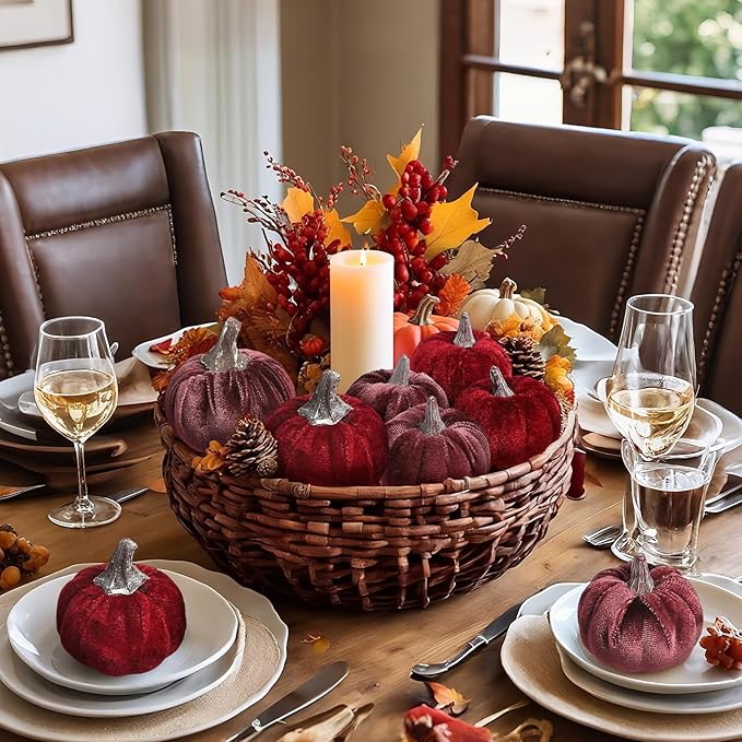 12pcs Velvet Fake Pumpkins Fall Decor Faux Small Foam Fabric Pumpkin for Autumn Table Centerpiece Party Farmhouse Harvest Thanksgiving (Burgundy/Mulberry)