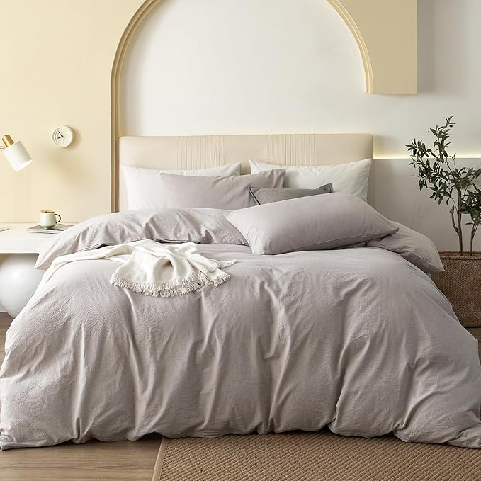 JIYUAN 100% Washed Cotton Duvet Cover Set 3 Pieces Oversized King, 1 Duvet Cover 120x98 Inches(Comforter Not Included) and 2 Pillowcases,Linen Feel Bedding Set Comfy and Breathable, Heathered Linen