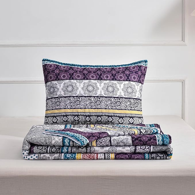 DURLENGEN Bohemian Quilt Set Queen Size 3Pcs, Purple & Teal & Yellow Stripes Design, All Season Lightweight Coverlet Sets (Queen 90x96, Purple)