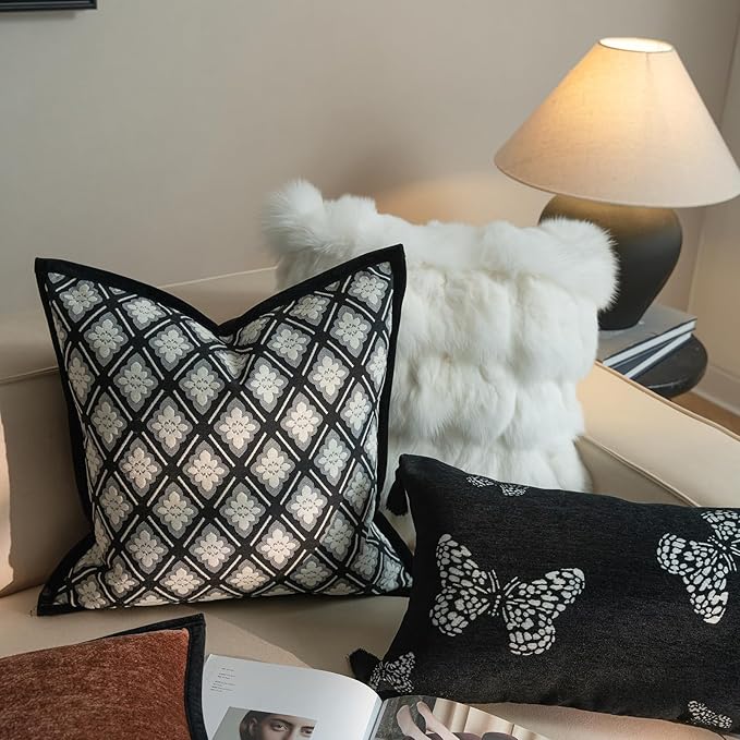 New 20x20'' inches Throw Pillow Cushion Covers - Black Camellia Cocostyle Chenille Jacquard Embroidery Vogue Luxury Modern Style Couch Sofa Bed Pillow Cover for Living Room Bedroom