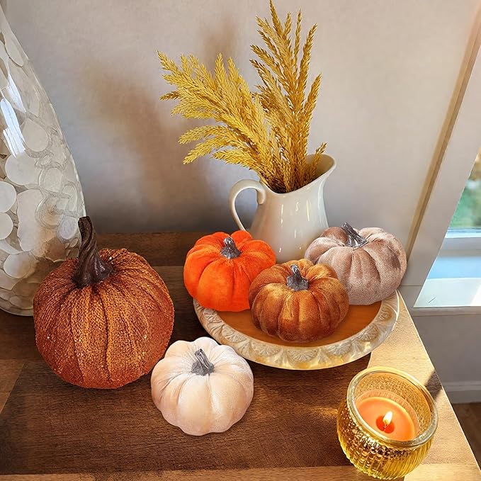 4pcs Velvet Fake Pumpkins Fall Harvest Fabric Foam Pumpkin Thanksgiving Halloween Decor for Table Centerpiece Wedding Farmhouse (4, Orange Gold Coffee Beige, S)