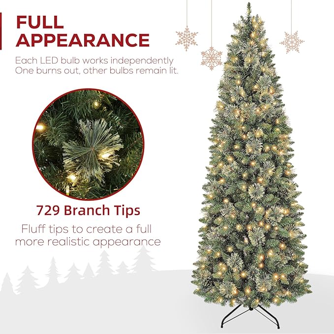 Hykolity 7.5ft Artificial Pre-lit Pencil Christmas Tree, Slim Christmas Tree with 300 Warm White LED Lights, 792 PVC Tips, Foldable Metal Stand and Hinged Branches