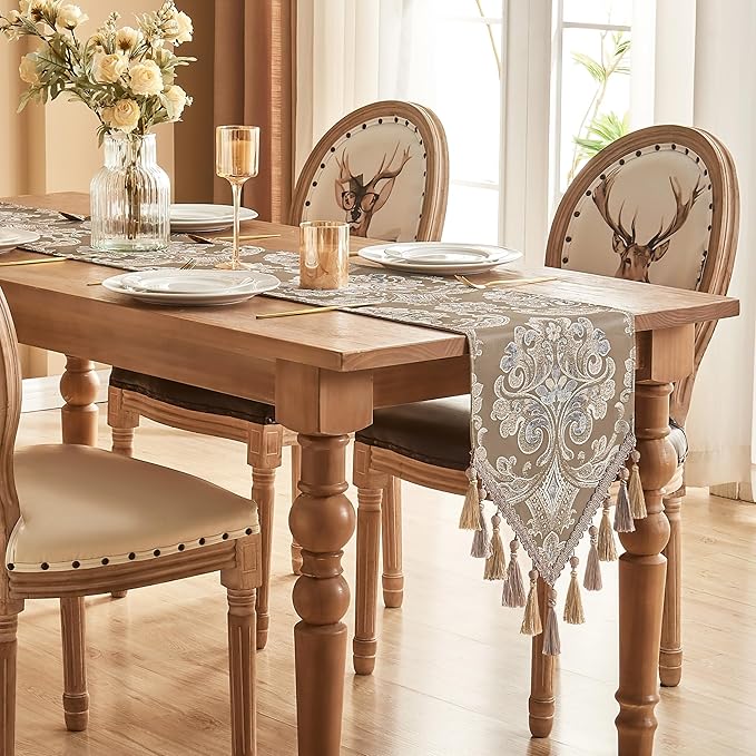 Loom and Mill Luxury Table Runner for Home Decor, Jacquard Floral Dining Table Runner with Tassels, 90 inches Long Damask Runner for Dining Dresser Party Banquet Decorations(Light Coffee, 13*90 inch)