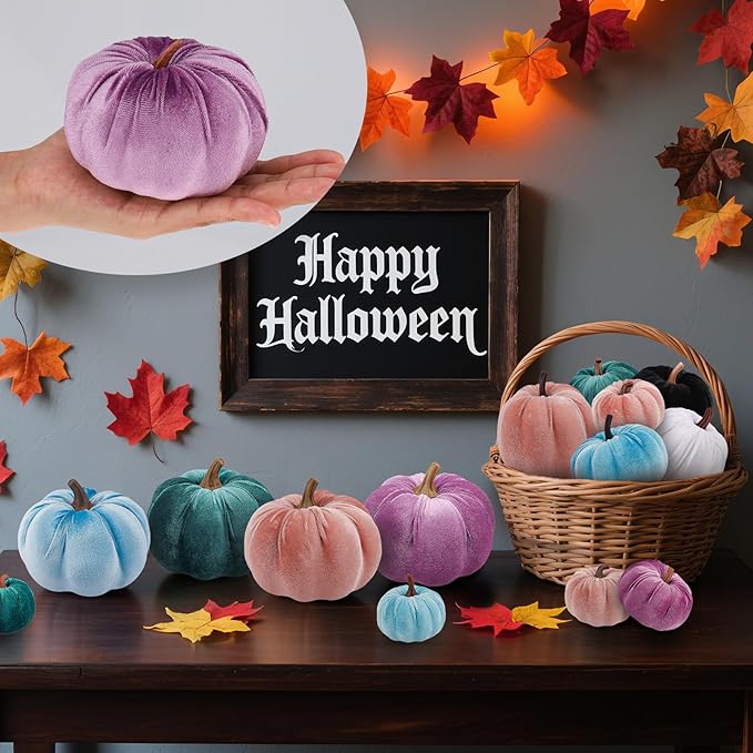 12Pcs Thanksgiving Velvet Fake Pumpkins Artificial Halloween Handmade Fall Harvest Centerpiece Decoration for Home Kitchen Farmhouse Purple