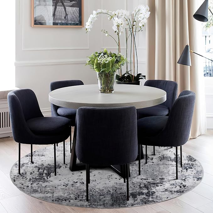 Modern Abstract 8x8 Round Area Rug Non Slip Non Shedding Rug Low Pile Stain Resistant for Bedroom Living Room Office Dining Room,Grey