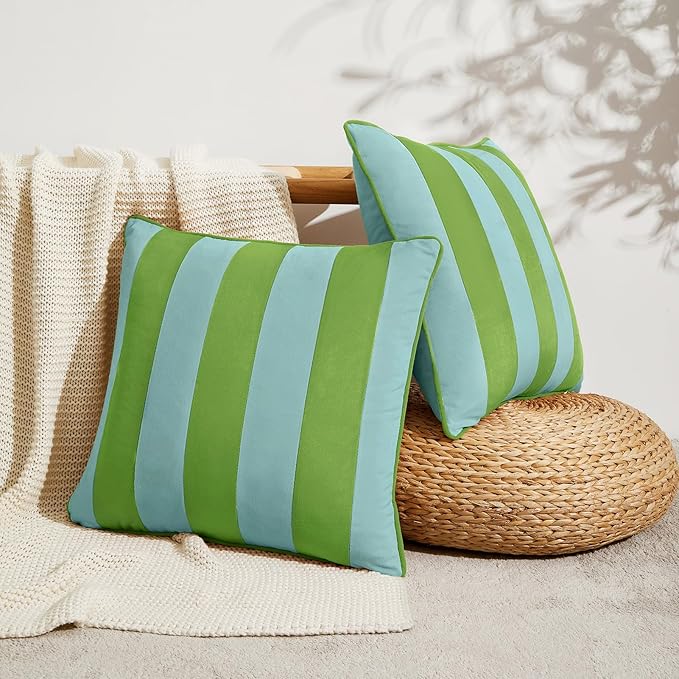 MONDAY MOOSE Decorative Throw Pillow Covers Cushion Cases, Set of 2 Soft Velvet Striped Piping Edge Designs, Pillow Inserts Not Included (Light Green/Light Blue, 20x20 inch)
