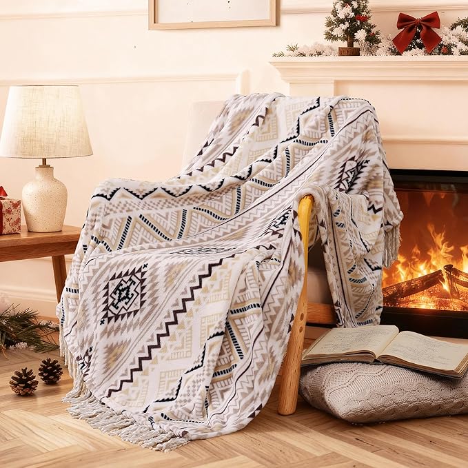 CASAAGUSTO Boho Throw Blanket - Beige and Gray Decorative Blankets with Tassel, Printed Flannel Bohemian Blanket for Chair, Bed, Sofa, Couch(60 * 80, Beige and Gray)