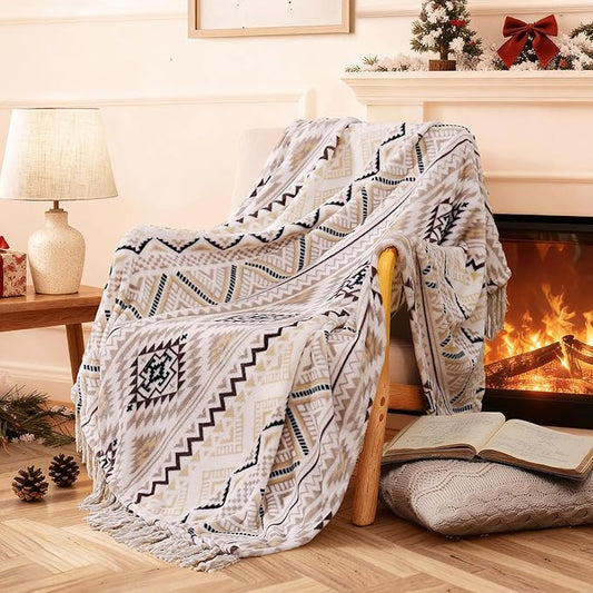 CASAAGUSTO Boho Throw Blanket - Beige and Gray Decorative Blankets with Tassel, Printed Flannel Bohemian Blanket for Chair, Bed, Sofa, Couch(60 * 80, Beige and Gray)
