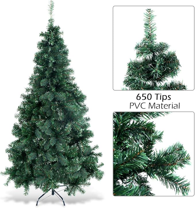 GOFLAME 6FT PVC Artificial Green Christmas Tree Home Holiday Décor with Metal Stand 650 Branches Holiday Indoor Decoration, Easy to Assemble