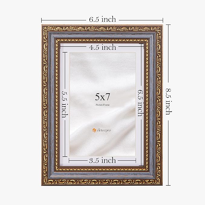 eletecpro 5x7 Picture Frames Set of 2, Vintage 5 x 7 Photo Frames with Real Glass, Displays 4x6 Photo with Mat or 5x7 without Mat for Tabletop or Wall Decor, Blue Gold