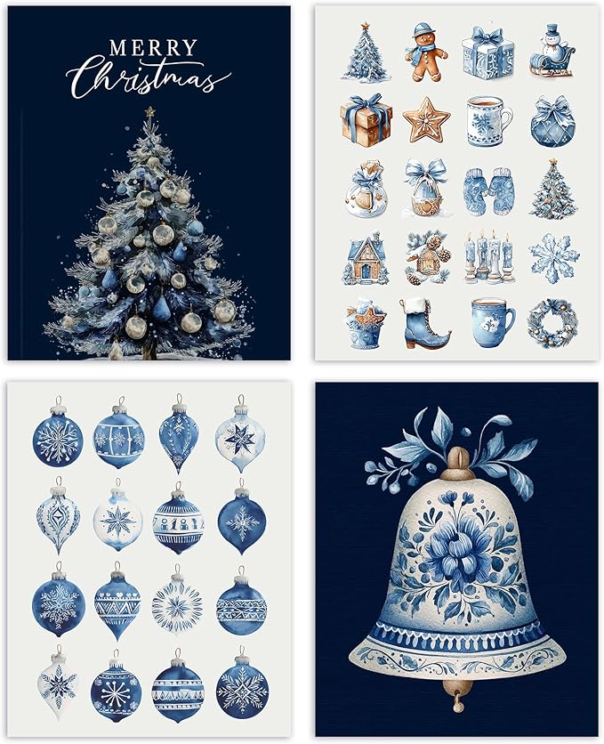 AEHIE Chinoiserie Blue and White Christmas Wall Art Poster Prints for Home Living Room Bedroom Kitchen, Winter Holiday Artwork Poster Blue Xmas Tree Bell Snowflake Decorations Unframed 4pcs 8x10inch
