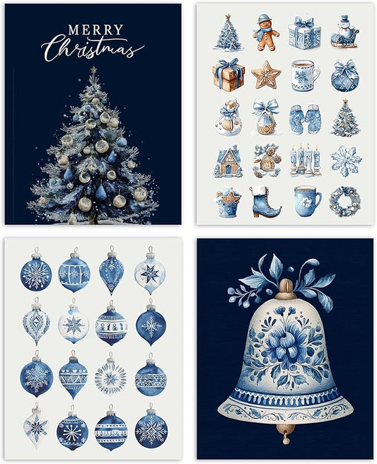 AEHIE Chinoiserie Blue and White Christmas Wall Art Poster Prints for Home Living Room Bedroom Kitchen, Winter Holiday Artwork Poster Blue Xmas Tree Bell Snowflake Decorations Unframed 4pcs 8x10inch