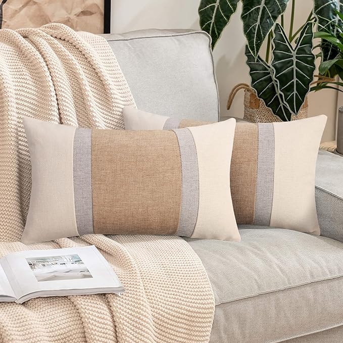 Pyonic Pillow Covers 12x20 Farmhouse Decor Patchwork Linen Throw Lumbar Pillow Covers White and Grey Boho Accent Cushion Covers for Couch Sofa,Set of 2