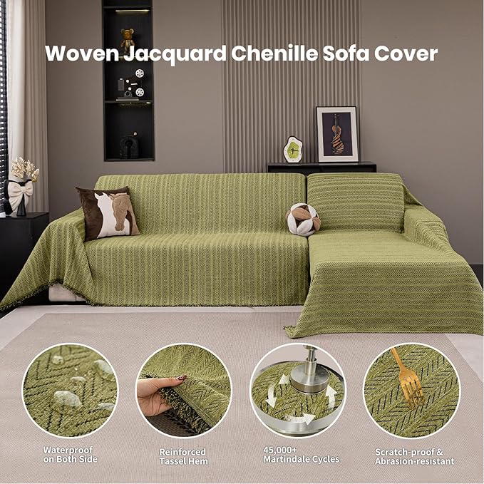 Nobildonna Sofa Cover Washable Soft Thicken Chenille Couch Cover with Tassel,Waterproof Sofa Slipcovers for 2 Cushion Couch,Loveseat,Futon Couch Furniture Protector Pet-Friendly,Yellow Green 71"x102"