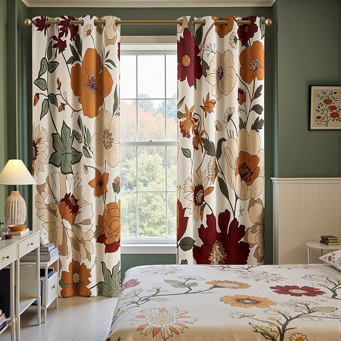 JINCHAN Lora Floral Curtains for Bedroom 95% Blackout Drapes Room Darkening Window Drapes Fall Decor Winter Vintage Flower Patterned Curtains for Living Room 84 Inch Length 2 Panels with Grommet Beige