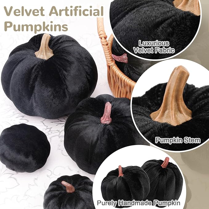 12 Pcs Autumn Artificial Velvet Pumpkins Set Halloween Faux Kitchen Cloth Fall Harvest Foam Farmhouse Porch Table Wedding Decorative Black