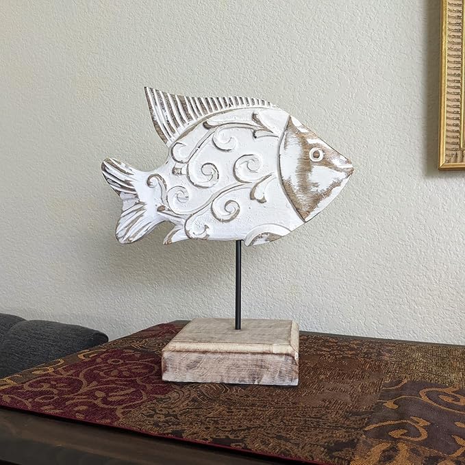 Beau Butter Fish Statue on Base Stand | Handmade Wooden Fish Sculpture for Nautical Beach House Rustic Centerpiece Table Decor for Office, Living Room