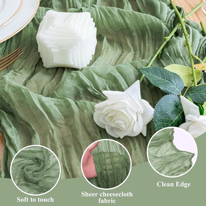 Wokceer Cheesecloth Table Runner 12Pack 10FT Sage Green Christmas Gauze Cheese Cloth Table Runner for Party Rustic Sheer Table Runners for Baby Bridal Shower Wedding Easter Table