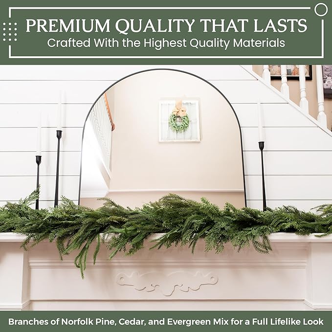 Mixed Norfolk Pine Garland with Evergreen, and Cedar Garland Artificial Realistic Greenery Branches for Decoration, Christmas Garland for Mantle, Premium Real Touch (9 Foot)