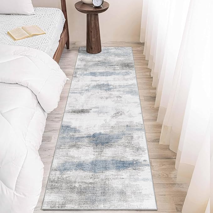Enkor Runner Rug for Hallways, 2x6 Washable Soft Non Slip Abstract Rugs for Kitchen, Modern Mat for Entryway Living Room Bedroom Blue & Grey