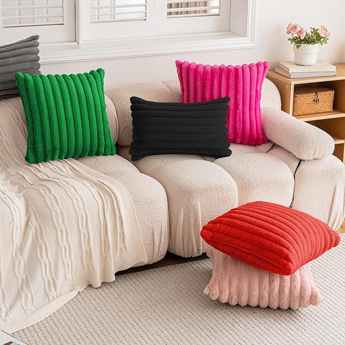 Christmas Red Faux Fur Plush Throw Pillow Covers 18x18 Set of 2 Fuzzy Striped Soft Cozy Pillowcase Luxury Decorative Pillows Square Fluffy Cushion Covers for Couch Bed Living Room