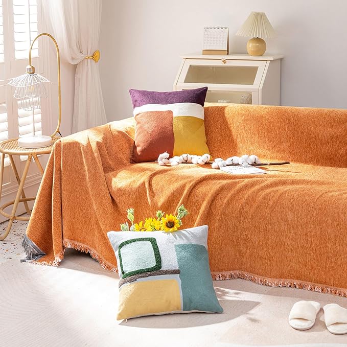 VClife Modern Orange Couch Cover, Large Chenille Sofa Cover for L Shape Couch, Breathable Washable Couch Cover for 2 Cushion Couch Sofa, Living Room Furniture Protector for Kids 71"x 118"