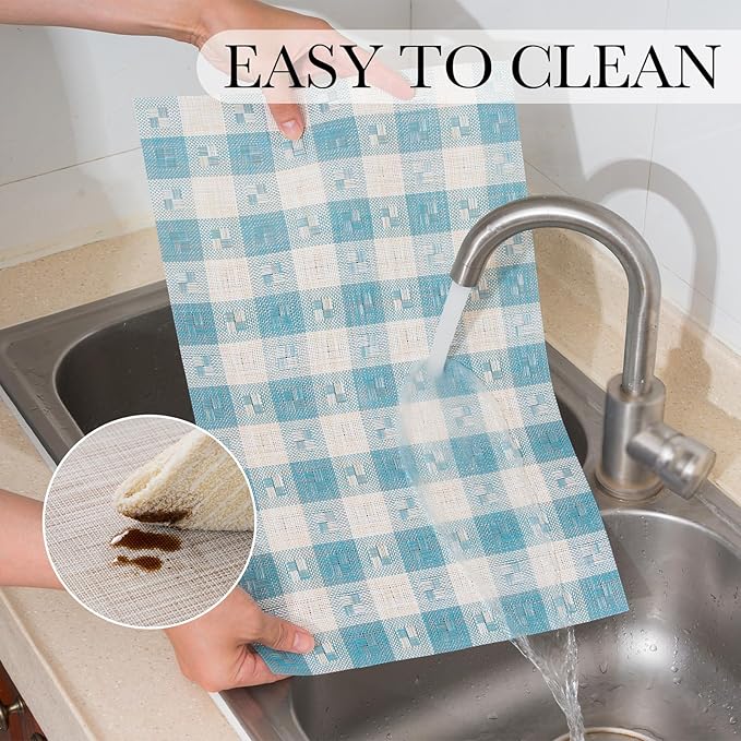 BACKTOEDEN Placemats Set of 8 Heat Resistant Washable Wipeable Placemat Woven Non-Slip Foldable Vinyl/Plastic Place Mats Indoor/Outdoor Mat Kitchen Dining Table Pad, Blue Checkered