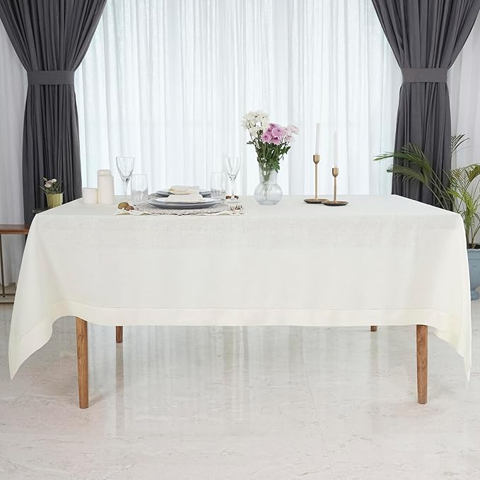 D'Moksha Homes Ivory Linen Tablecloth 60 x 156 Inch - 100% Pure Linen Ivory Tablecloth for Rectangle Tables - Classic Hemstitch, Machine Washable Table Cloth for Fall, Thanksgiving, Christmas, Holiday