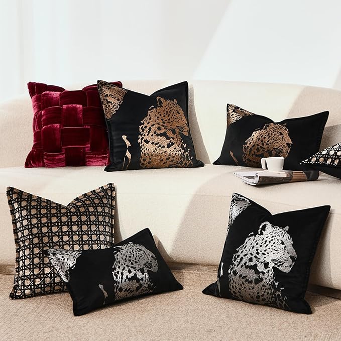 Decorative Lumbar Throw Pillow Cover 12x20'', Velvet Gold Cheetah Embroidered Throw Pillows, Modern Accent Pillow Cover for Bed Couch Sofa Bedroom Living Room