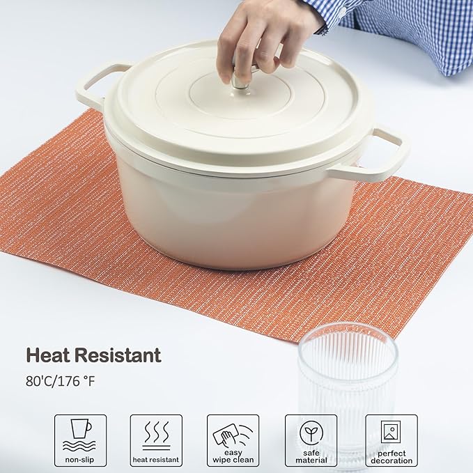 AHHFSMEI Placemats for Dining Table Set of 4 Woven Vinyl Plastic Place Mats Non-Slip Heat Insulation Stain Resistant Table Mats Washable Easy Clean Placemats (Multi Orange,4)
