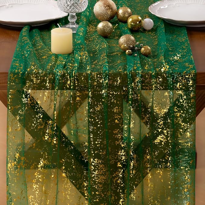 Socomi Christmas Snow Table Runner Gold Gauze Sheer Chiffon Cheesecloth Sequin 10FT Glitter Metallic Foil Dining Wedding Birthday Party Fall Winter Holiday Centerpiece Table Decor 3pcs Emerald Green