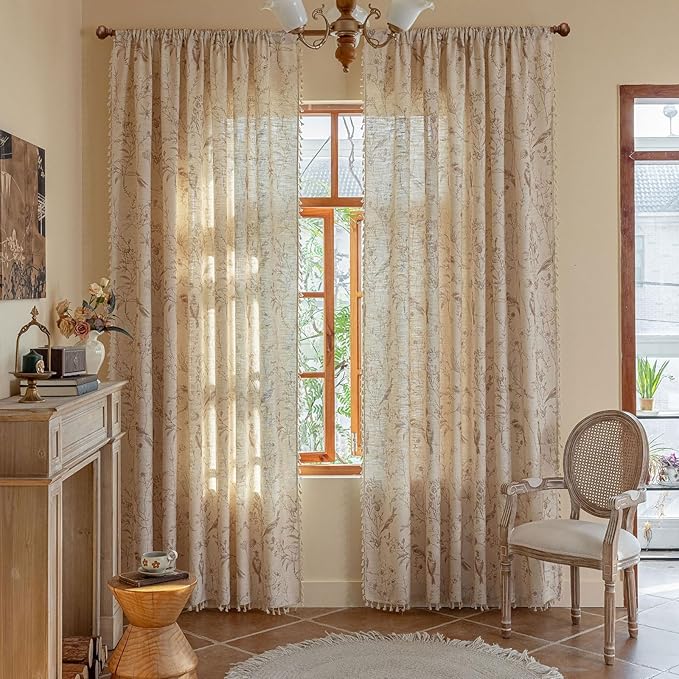 OYX Boho Curtains, Floral Curtains Beige with Garden Birds, Farmhouse Birds Drapes 63 Inches Length Semi Sheer, Rod Pocket Vintage French Country Window Curtain Set 2 Panels for Kitchen, Bedrooms