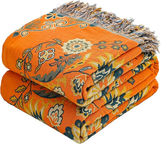 Boho Throw Blanket, 100% Cotton Muslin Breathable Soft Bed Throw - Floral Farmhouse Decor Blanket for Sofa Couch Chair and Gift. 60" x 80"- Orange