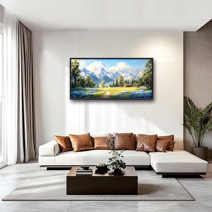 Mountain Large Wall Art Framed Wall Decor for Living Room, Countryside Wildflowers Pictures Oversized Canvas Print Painting Modern Extra Large Framed Artwork for Bedroom Office Home Decor 60"x30"