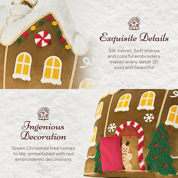 Phantoscope Gingerbread Series House Merry Christmas Throw Pillow, Velvet Christmas Shaped Pillow with Faux Fur Roof & 3D Santa Claus Decorative Xmas Pillow for Couch, Brown, 17.5 x 16in