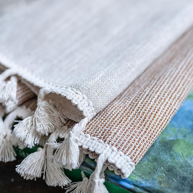 Sutuo Home Boho Curtains for Bedroom Living Room, Semi Blackout Linen Striped Farmhouse Vintage Tassels Window Treatment Bohemian Embroidery Drape, Rod Pocket 1 Panel 52" W x 120" L, Coffee Linen
