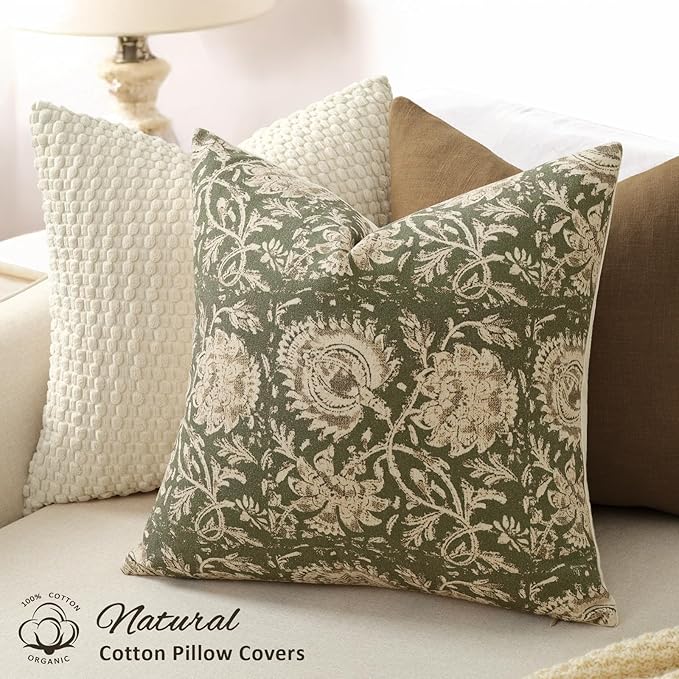 Vintage Floral Print Throw Pillow Covers 24x24 Set of 2 Neutral Modern Farmhouse Pillowcases Accent Decorative Cushion Covers Boho Home Decor for Couch Sofa Chair Bed Living Room, Olive Green