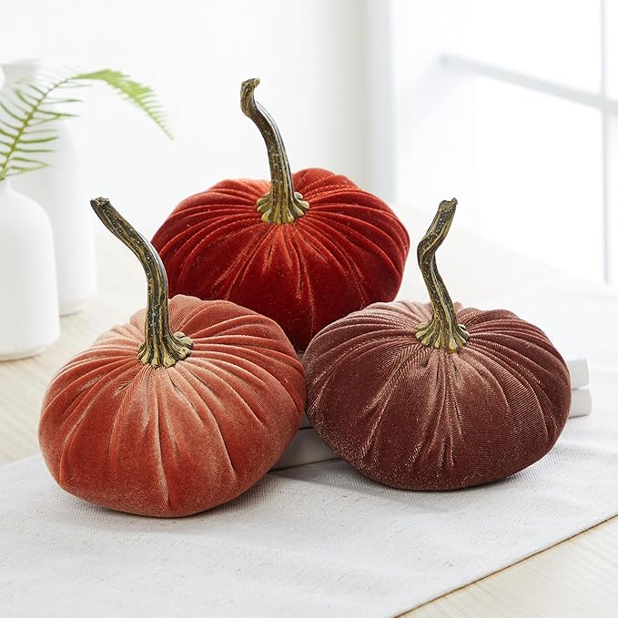 Set of 3 small Velvet Pumpkin, autumn decor, Halloween indoor decor, fall cozy vibe, gift set, bowl filler centerpiece, gift set for hostess, pumpkin spice (Sm Harvest Bronze Rust)