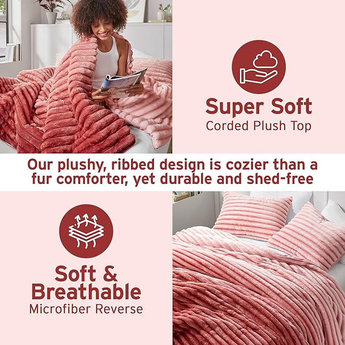 Intelligent Design King Comforter Set, Plush Bedding, Microfiber Reverse, 3 Piece, Lightweight, Super Soft Ribbed Velvet Comforter 2 Shams, All Season Fluffy Bed Set, Avril, King/Cal King Blush Ombre