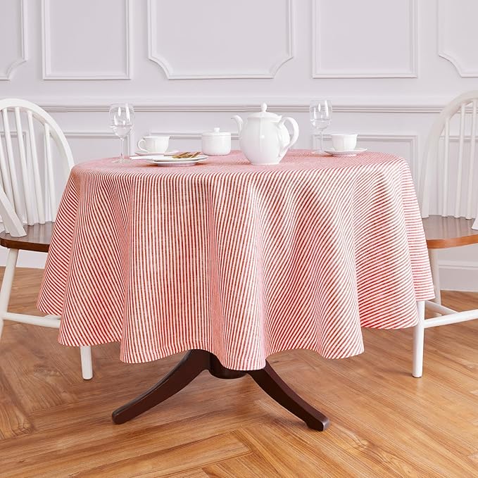 Solino Home Linen 60 Inch Round Tablecloth - Narrow Stripe, 100% Pure Linen Red and White Round Tablecloth - Machine Washable Table Cloth for Christmas