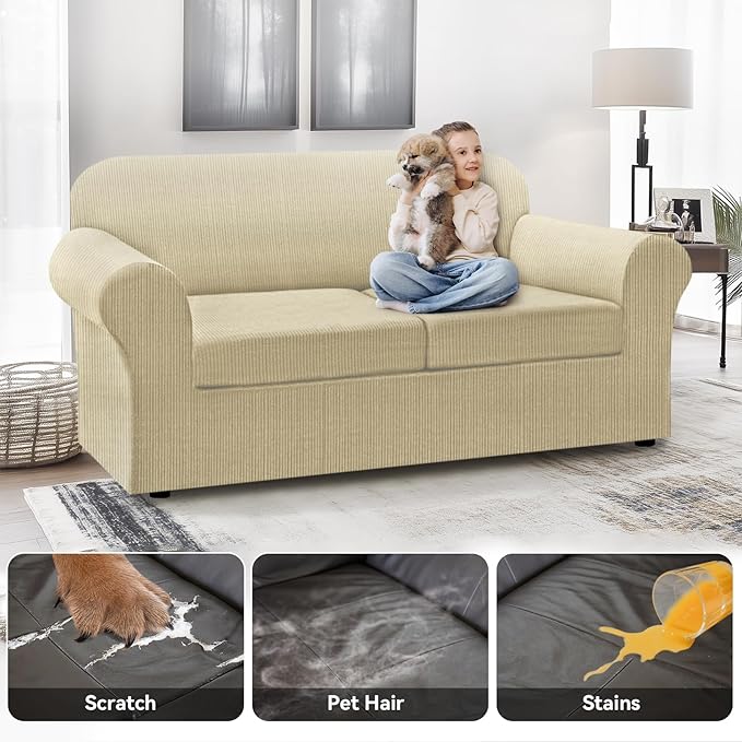 100% WaterproofCouch Cover 3-Piece Set Striped Sofa Slipcovers for 2 Cushion Couch Sofa Covers with TPU Leakproof Bottom Stretch Couch Protector Pet Proof - Sofa(2-Cushion), Camel