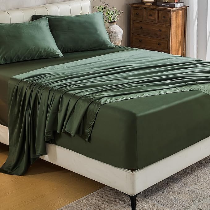 MEISHANG Extra Deep Pocket Cotton Sheets Queen Size - 100% Egyptian Cotton 1000 Thread Count - Fits 18"-24" in Deep Mattress,Oeko-Tex Certified, Soft & Breathable - 4 Piece (Queen, Forest Green)