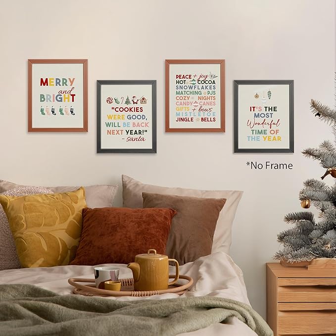 AEHIE It's The Most Wonderful ime of The Year Wall Art Poster Prints for Home Bedroom Living Room, Red Christmas Funny Santa Poster Prints, Merry and Bright Wall Art Unframed 4pcs 8x10inch