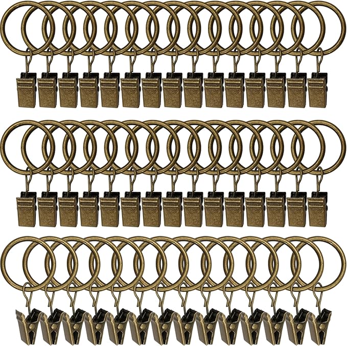 44 Pack Curtain Rings with Clips, Curtain Clip Rings Hooks, Bow Hanger Clips for Hanging Drapery Drapes Bows, Ring 1 inch Interior Diameter, Fits up to 5/8" Rod, Bronze