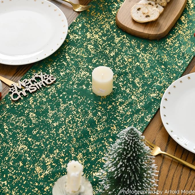 Artoid Mode Dark Green Dutch Fleece Table Runner, Glitter Metallic Foil Holiday Kitchen Dining Table Decoration for Home Party Decor 13x72 Inch