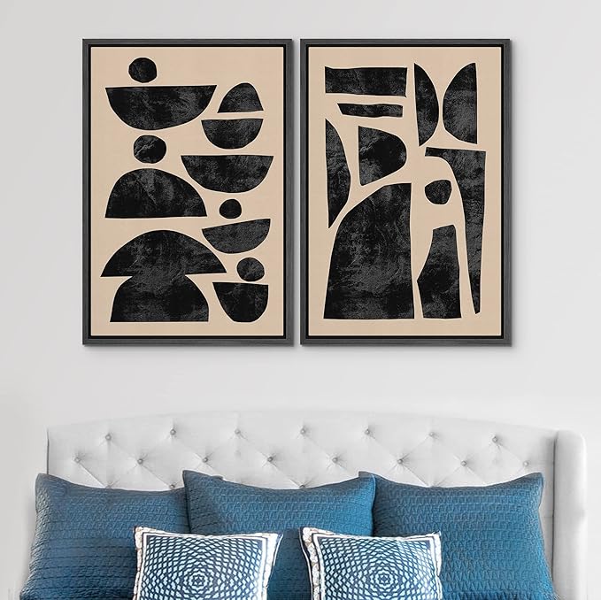 SIGNWIN Framed Canvas Print Wall Art Set Mid-Century Semi-Circle Polygons Variety Abstract Shapes Illustrations Modern Art Minimal Boho for Living Room, Bedroom, Office - 16"x24"x2 Black