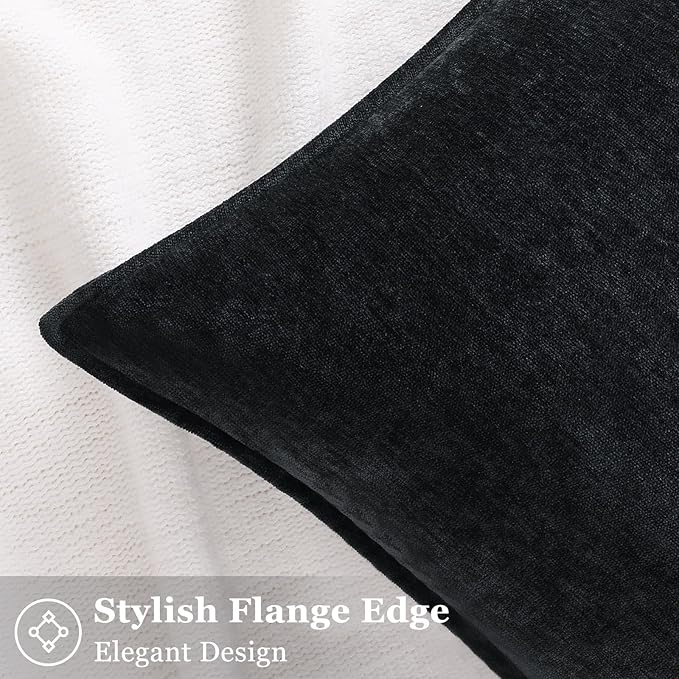 decorUhome Christmas Couch Throw Pillow Covers 26x26 Set of 2, Decorative Soft Euro Velvet Neutral Chenille Pillow Covers with Elegant Design for Sofa Bed Living Room Home Decor, Black
