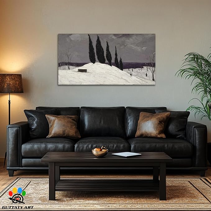 GUTTATY Christmas Winter Scene Canvas Wall Art, Snowy Landscape Canvas Pictures, Moody Cypress Trees Wall Paintings, Subtle Gray Poster Prints for Living Room Decor, Home Office Artwork, 48x24 Inch